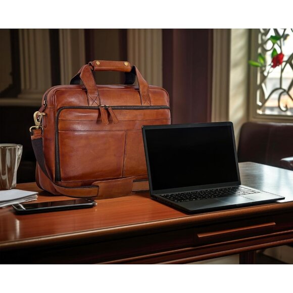 ⚡Men and Women Vintage Tan Oak Leathers Laptop Briefcase Messenger Bag - Picture 8 of 9